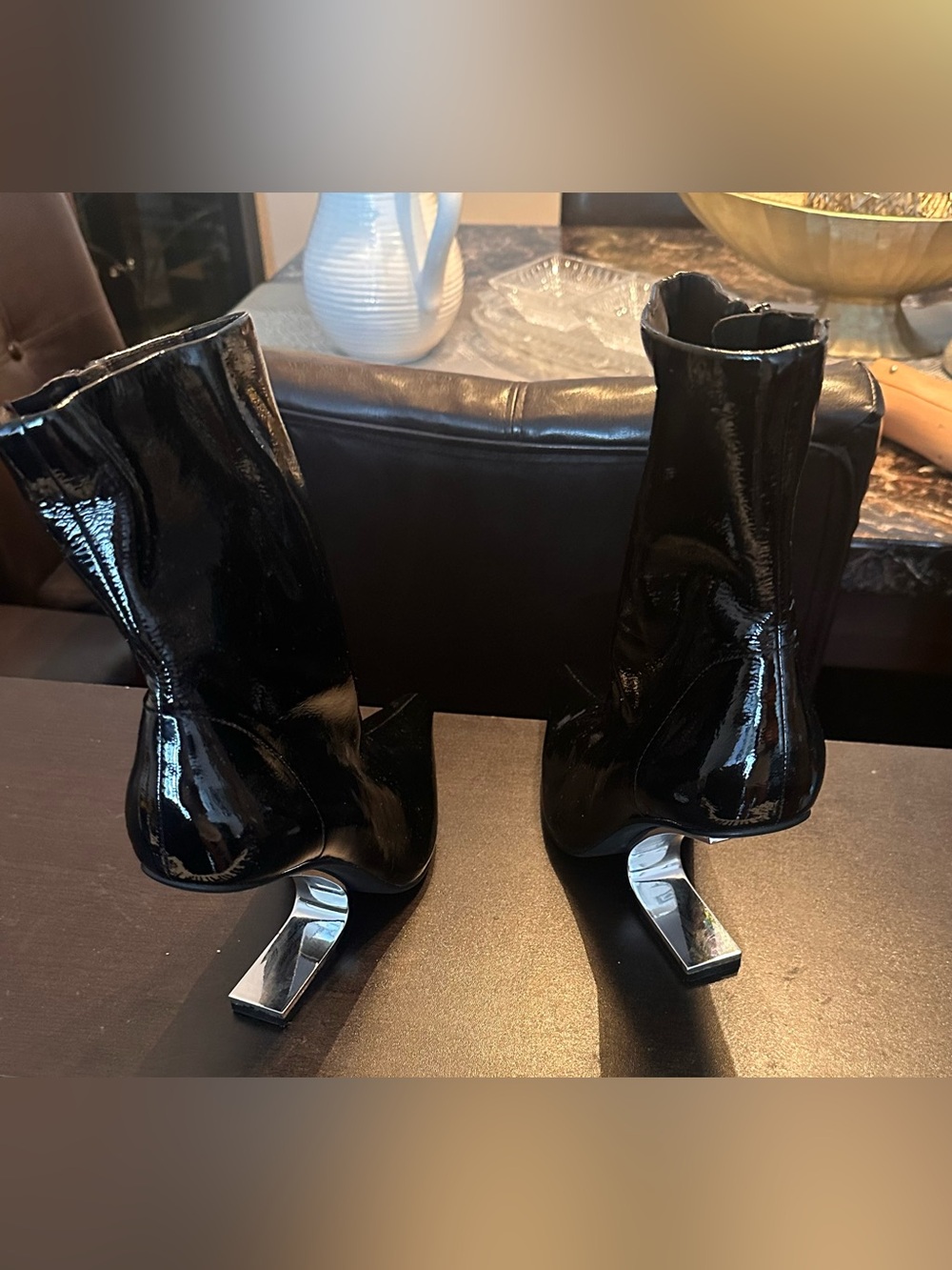 Jeffrey Campbell Black Patent Ankle Boots with Silver Block Heels